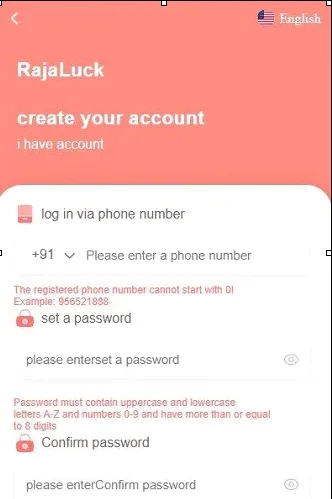 Tap the raja luck register button to open the registration page